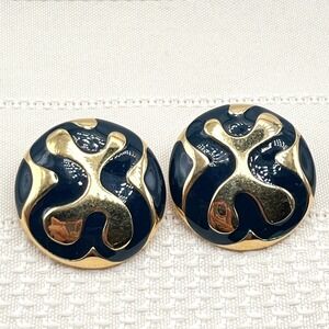 Vintage Monet 80s Chunky Gold Tone and Blue Black Enamel Pierced Circle Earrings
